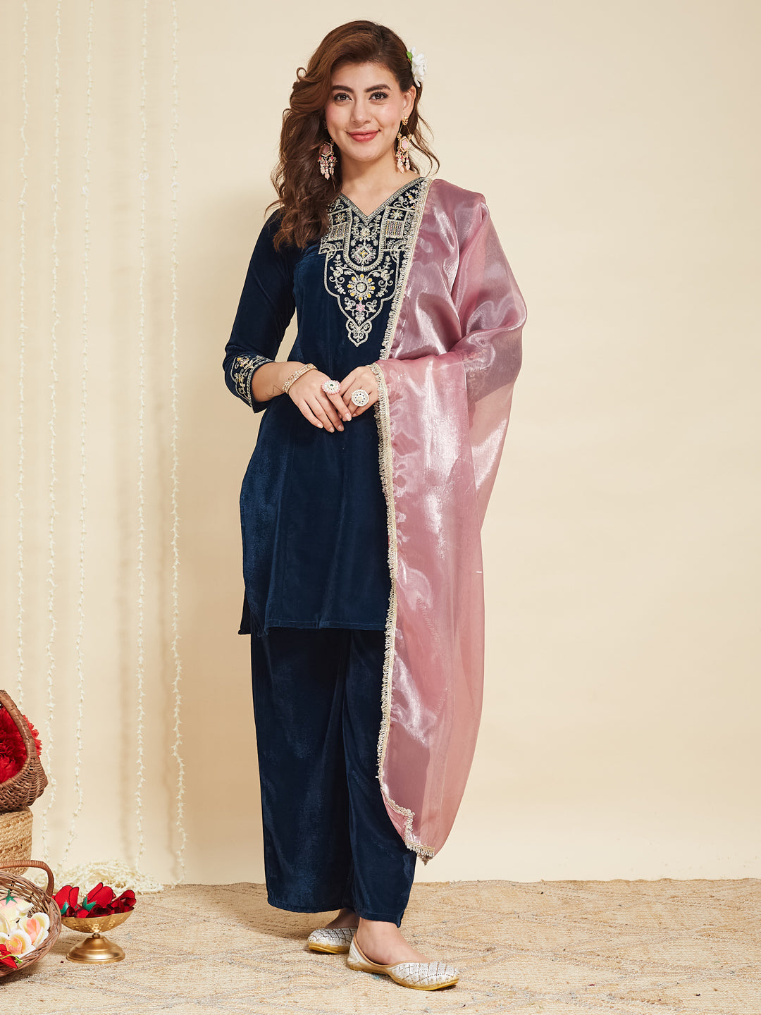 Teal Blue Velvet Embroidered Kurta set with pink Dupatta for women