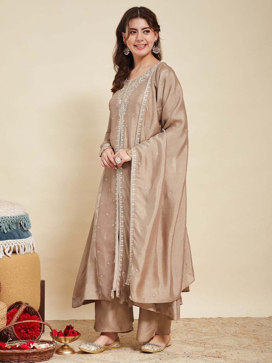 Grey Embroidered Silk Anarkali Kurta With Dupatta Set