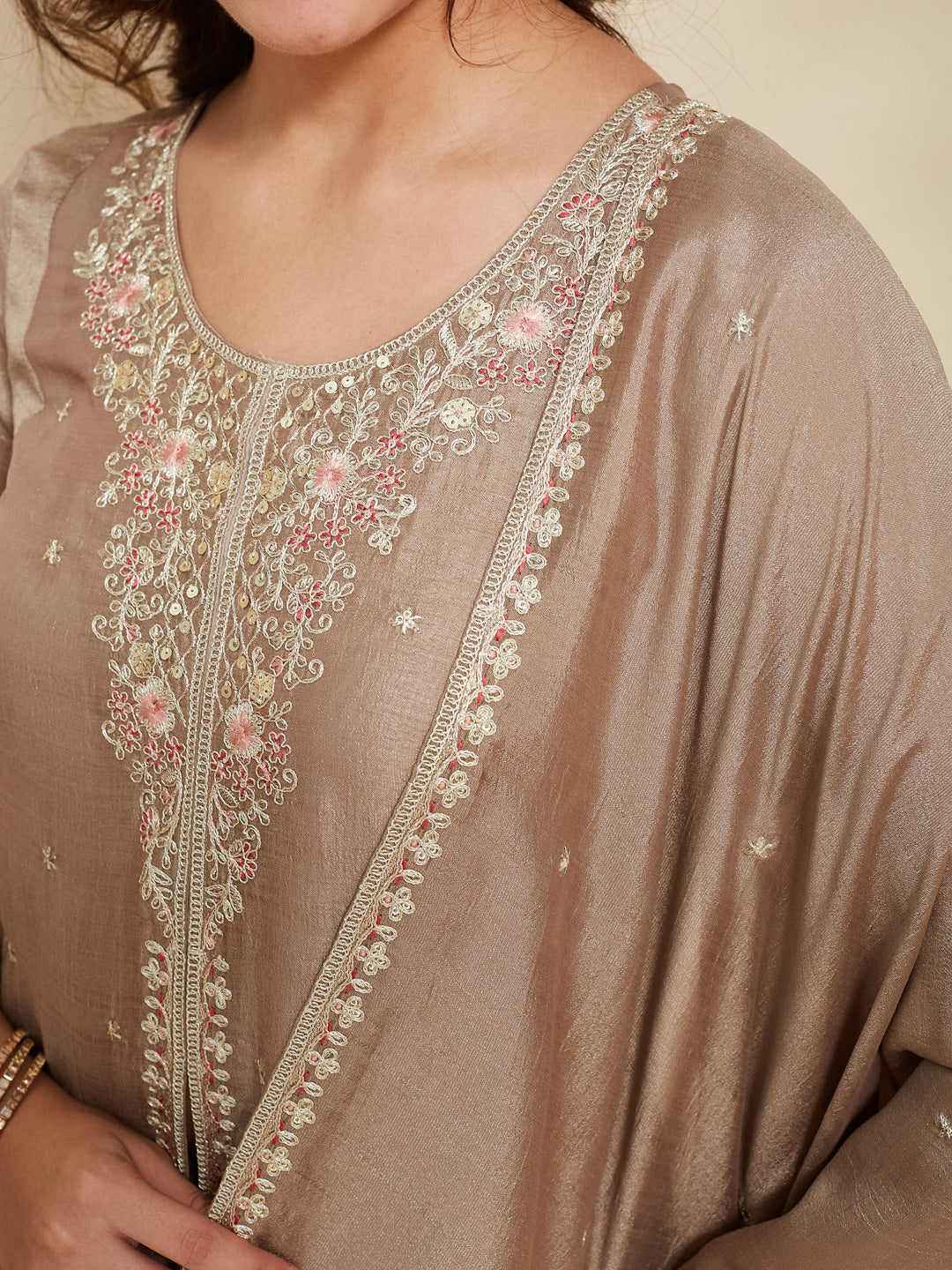 Grey Embroidered Silk Anarkali Kurta With Dupatta Set