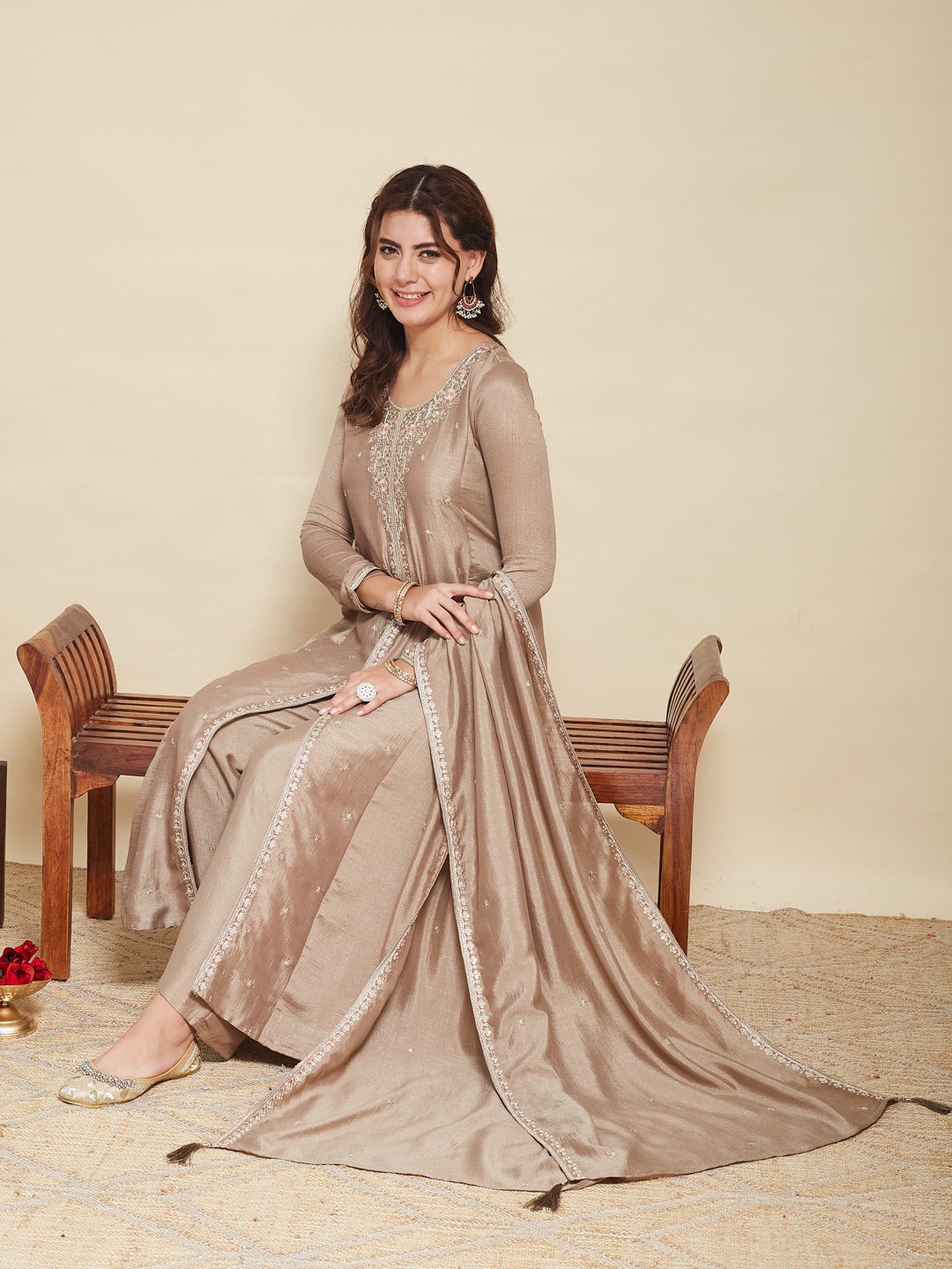 Grey Embroidered Silk Anarkali Kurta With Dupatta Set
