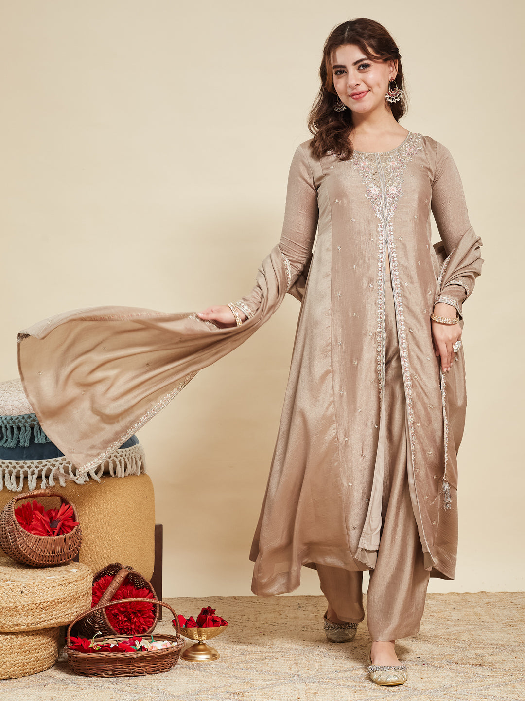 Grey Embroidered Silk Anarkali Kurta With Dupatta Set