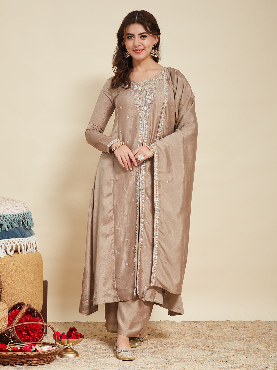 Grey Embroidered Silk Anarkali Kurta With Dupatta Set