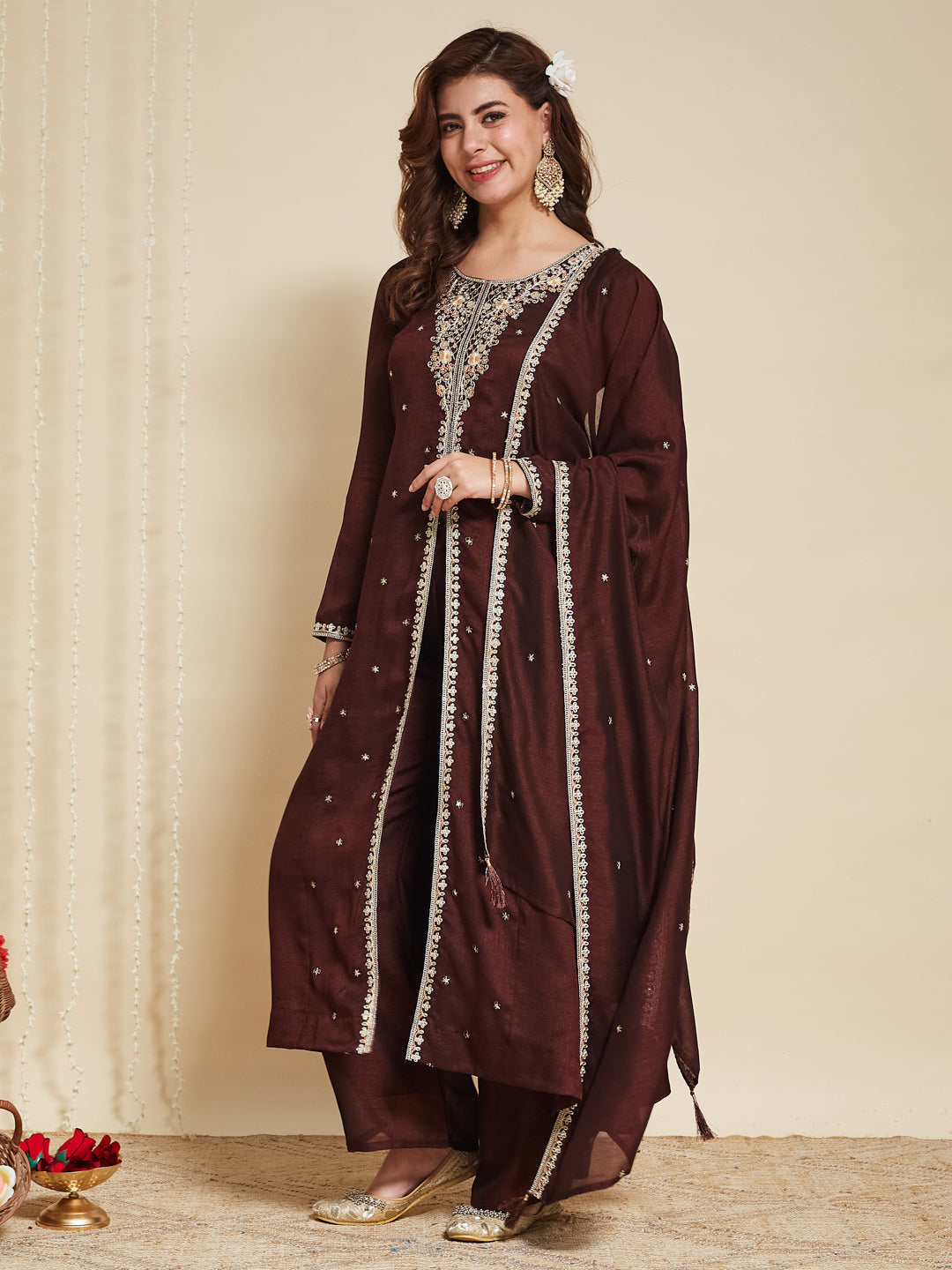 Coffee Embroidered Silk Anarkali Kurta With Dupatta Set