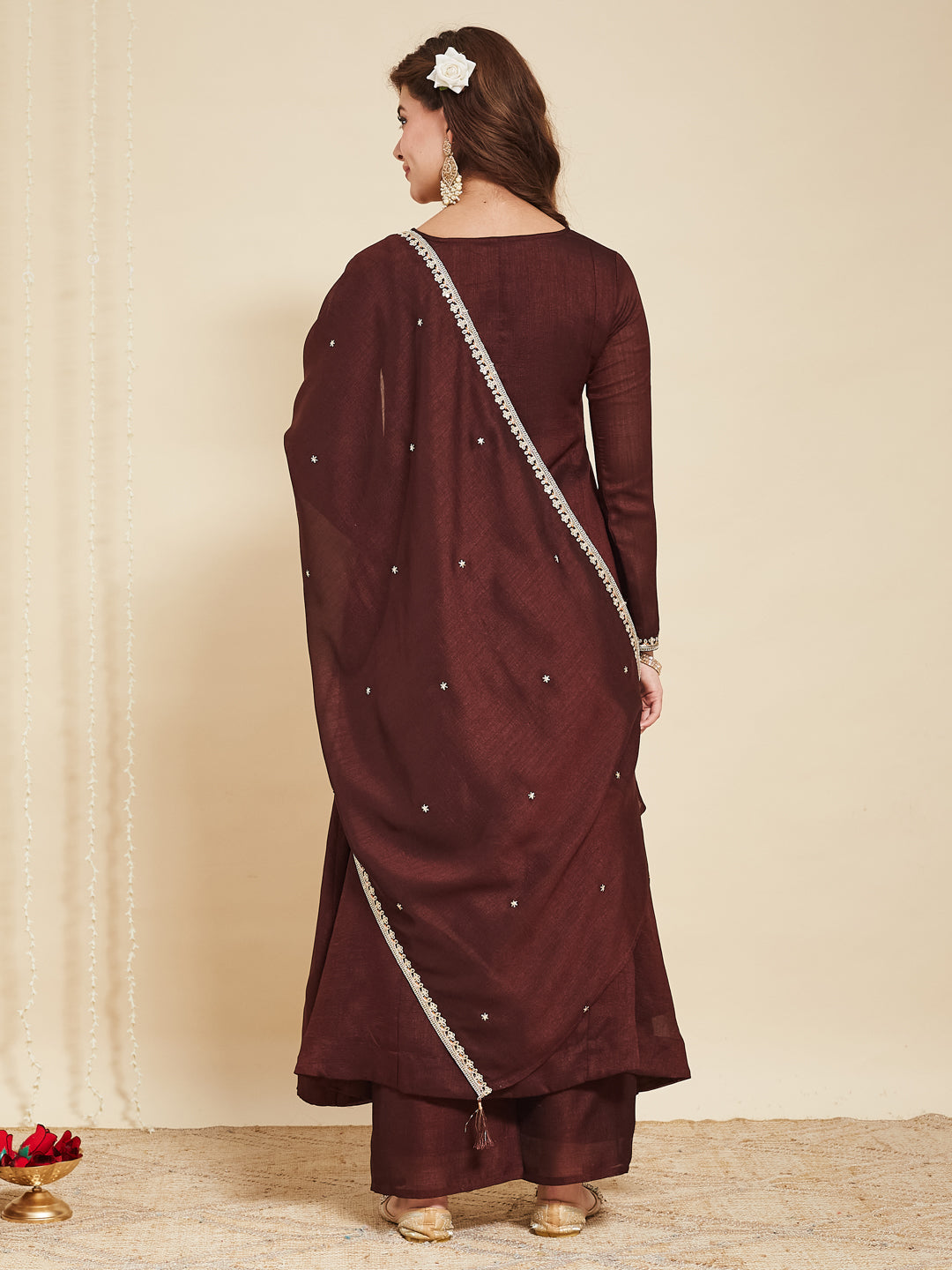 Coffee Embroidered Silk Anarkali Kurta With Dupatta Set