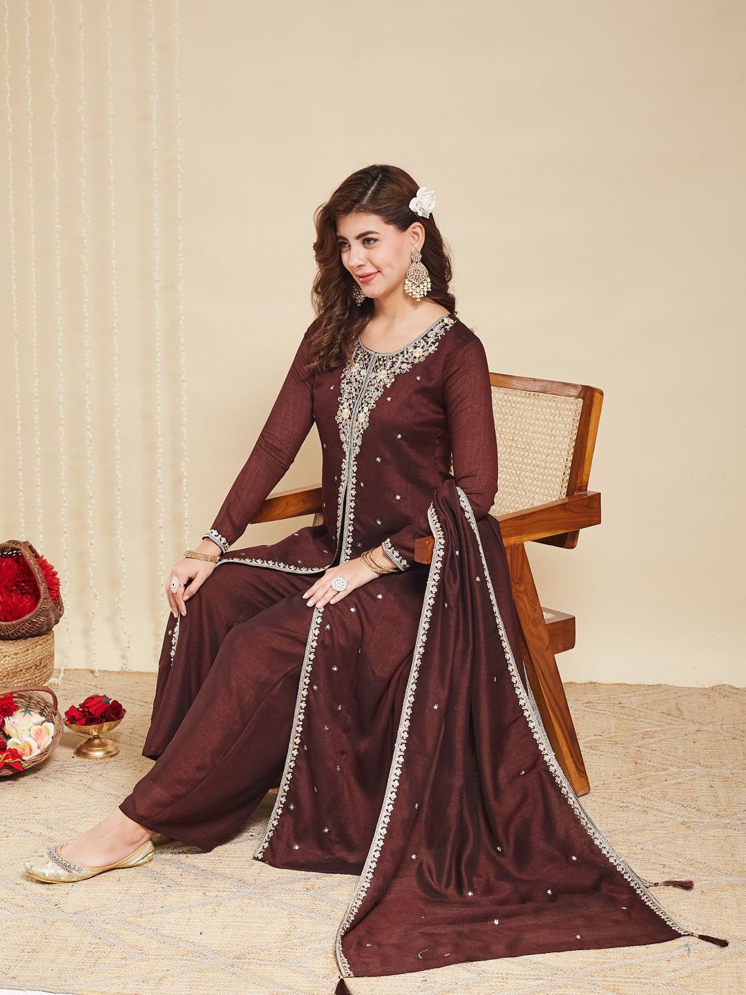 Coffee Embroidered Silk Anarkali Kurta With Dupatta Set