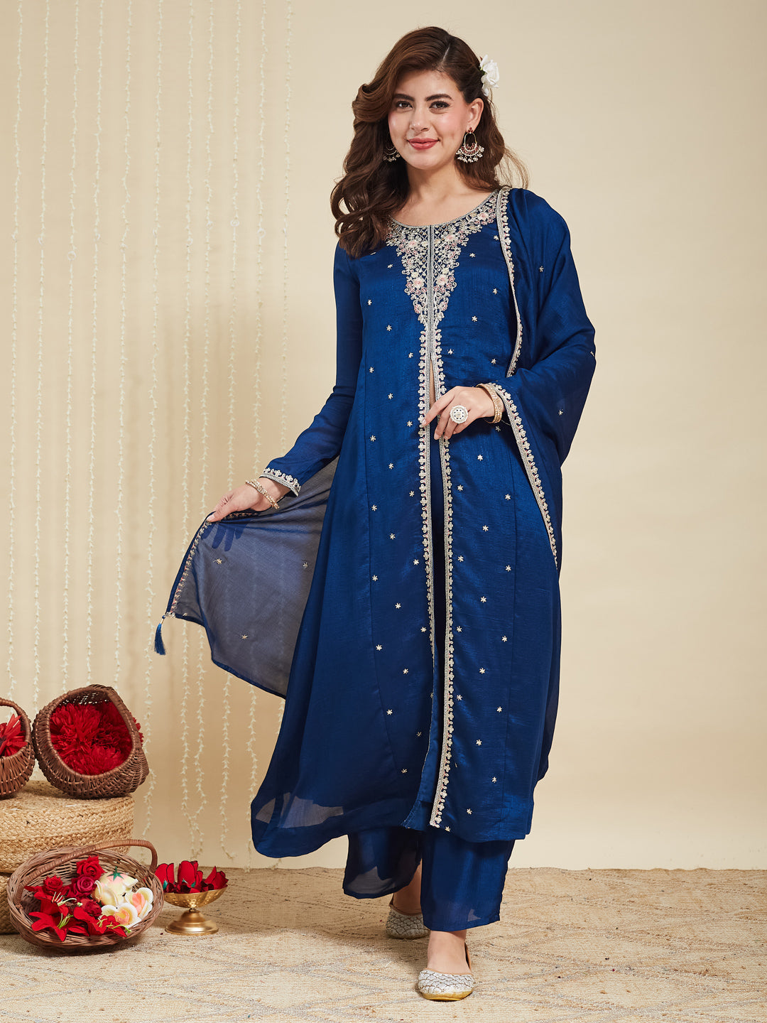 Teal Blue Embroidered Silk Anarkali Kurta With Dupatta Set