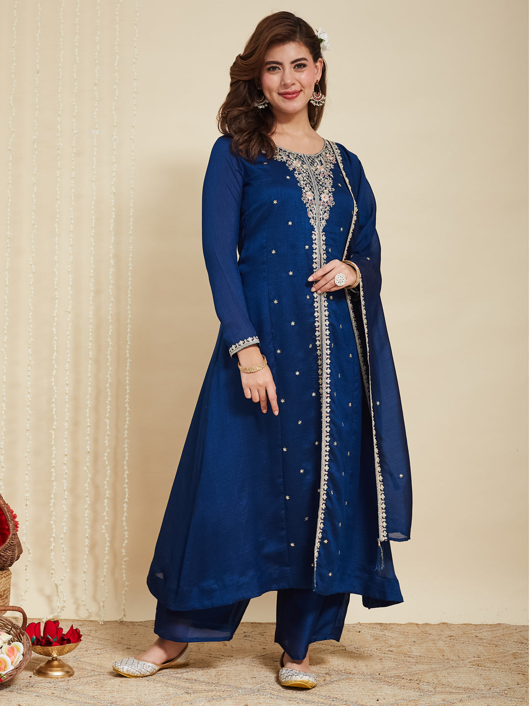 Teal Blue Embroidered Silk Anarkali Kurta With Dupatta Set