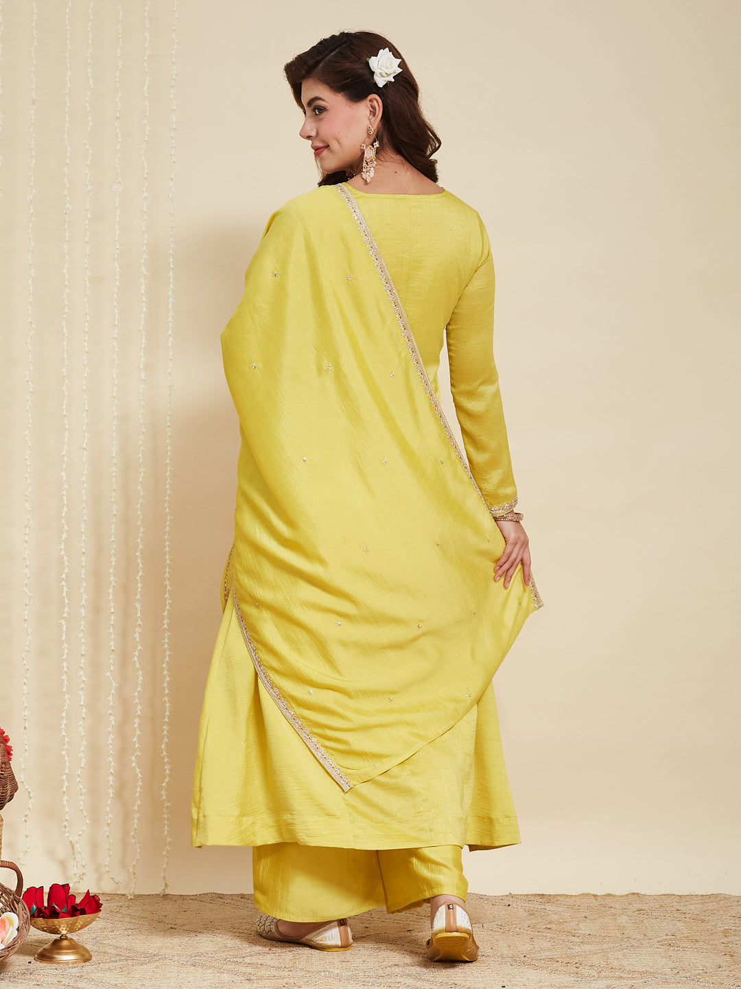 Lemon Yellow Embroidered Silk Anarkali Kurta With Dupatta Set | back side image