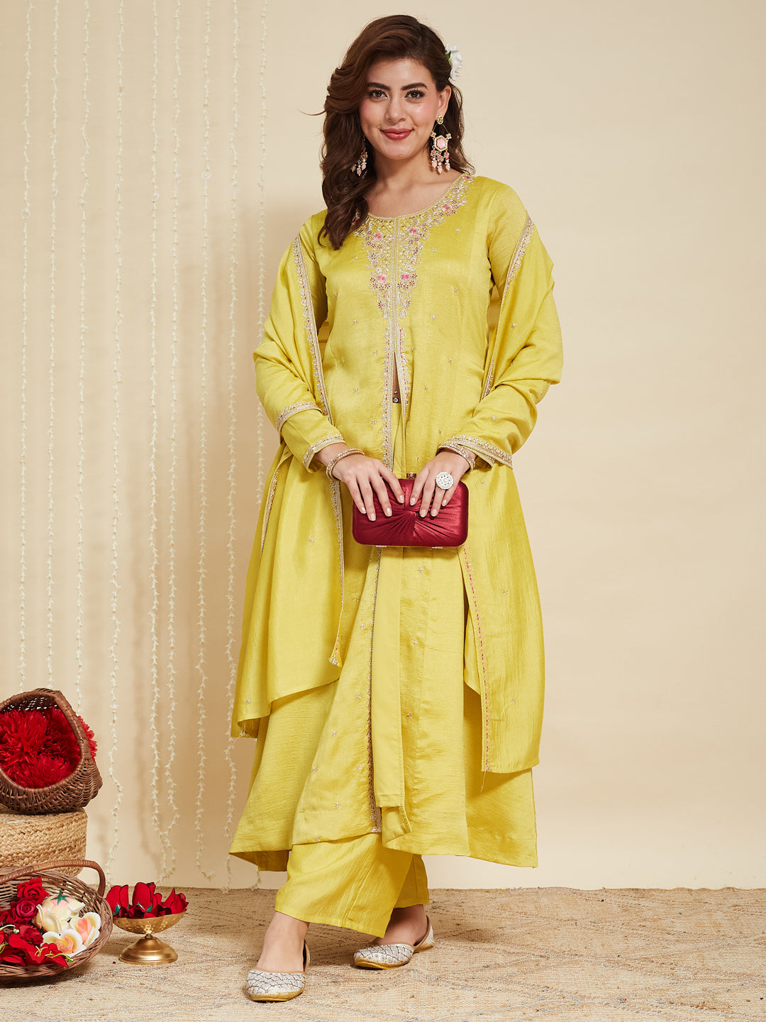 Lemon Yellow Embroidered Silk Anarkali Kurta With Dupatta Set