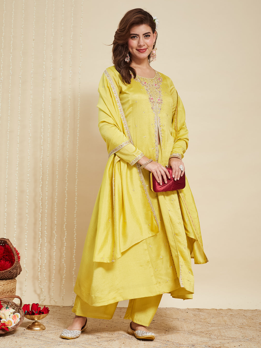 Lemon Yellow Embroidered Silk Anarkali Kurta With Dupatta Set