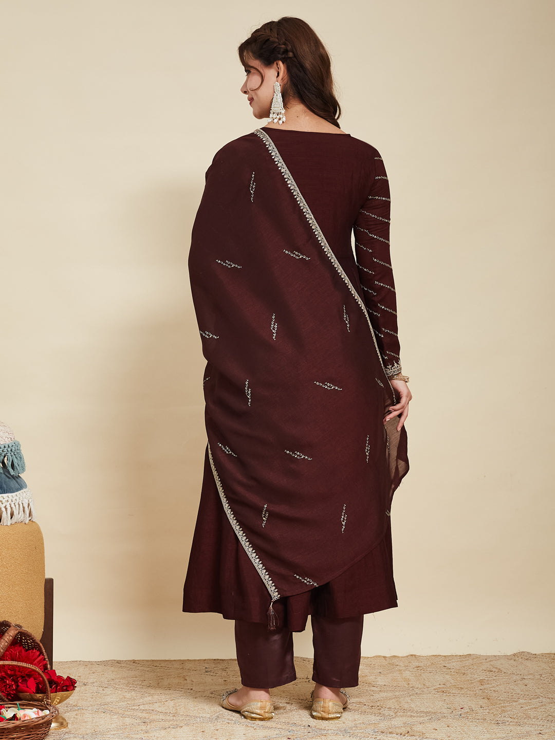 Coffee Embroidered Silk Anarkali Kurta With Dupatta Set