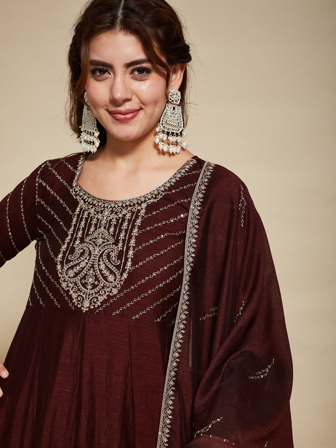 Coffee Embroidered Silk Anarkali Kurta With Dupatta Set