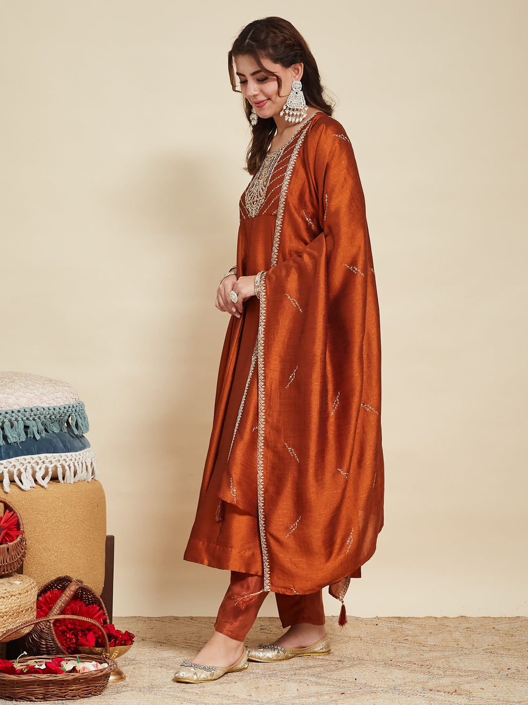 Rust Embroidered Silk Anarkali Kurta With Dupatta Set