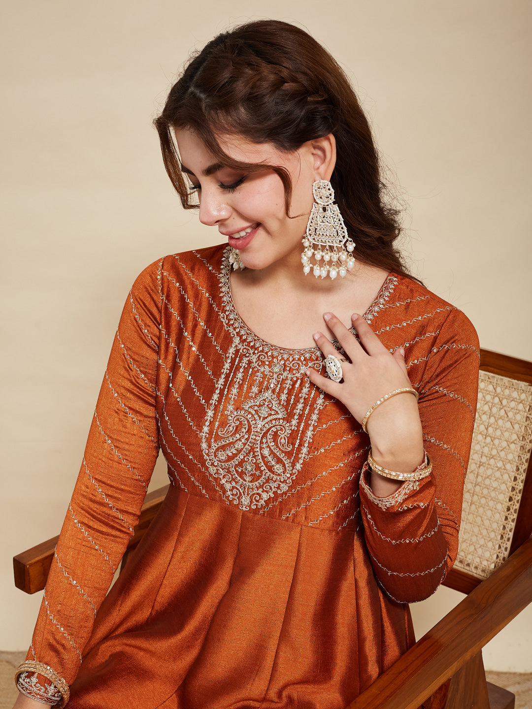 Rust Embroidered Silk Anarkali Kurta With Dupatta Set