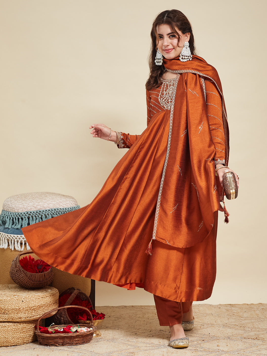 Rust Embroidered Silk Anarkali Kurta With Dupatta Set