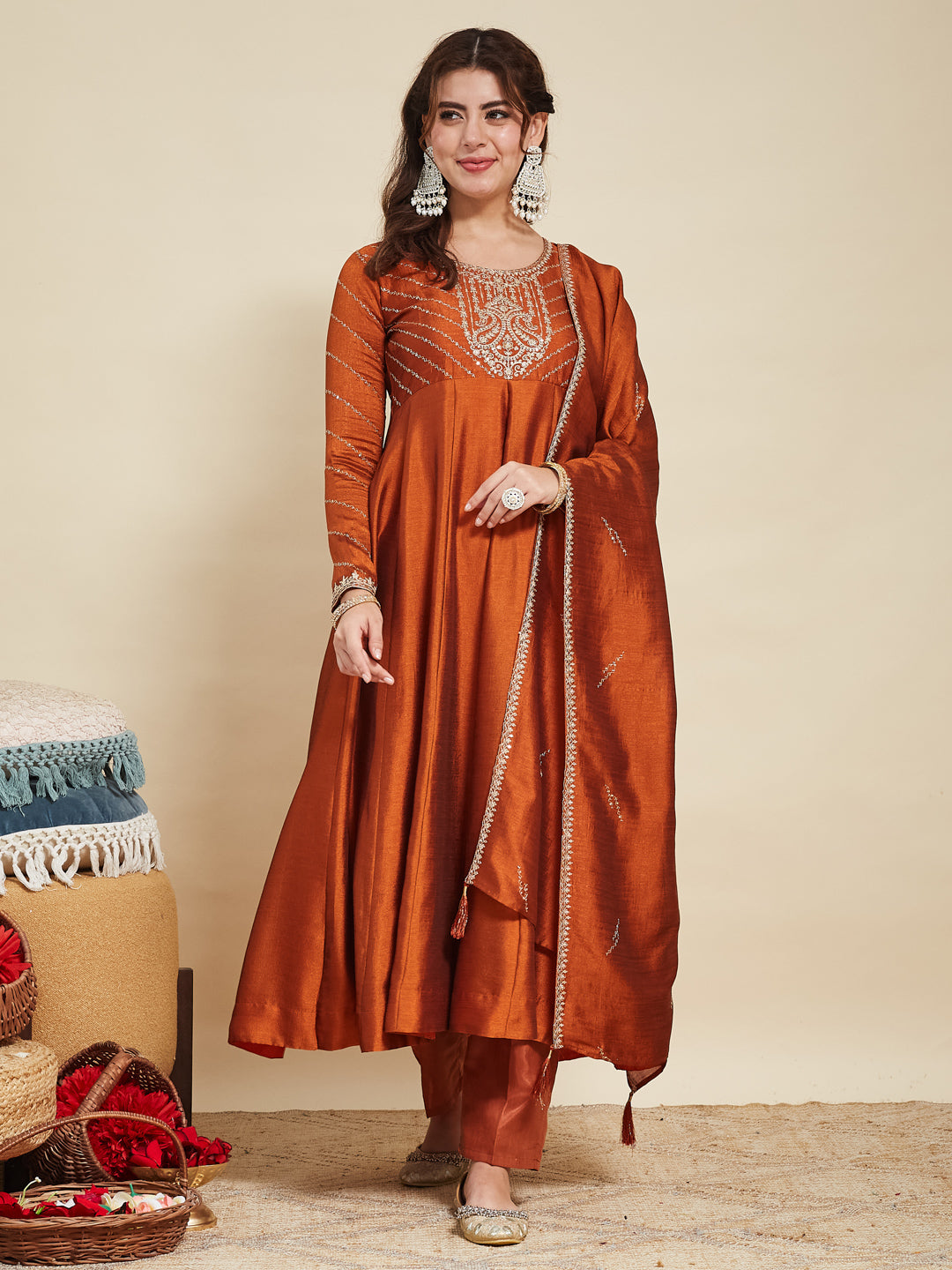 Rust Embroidered Silk Anarkali Kurta With Dupatta Set