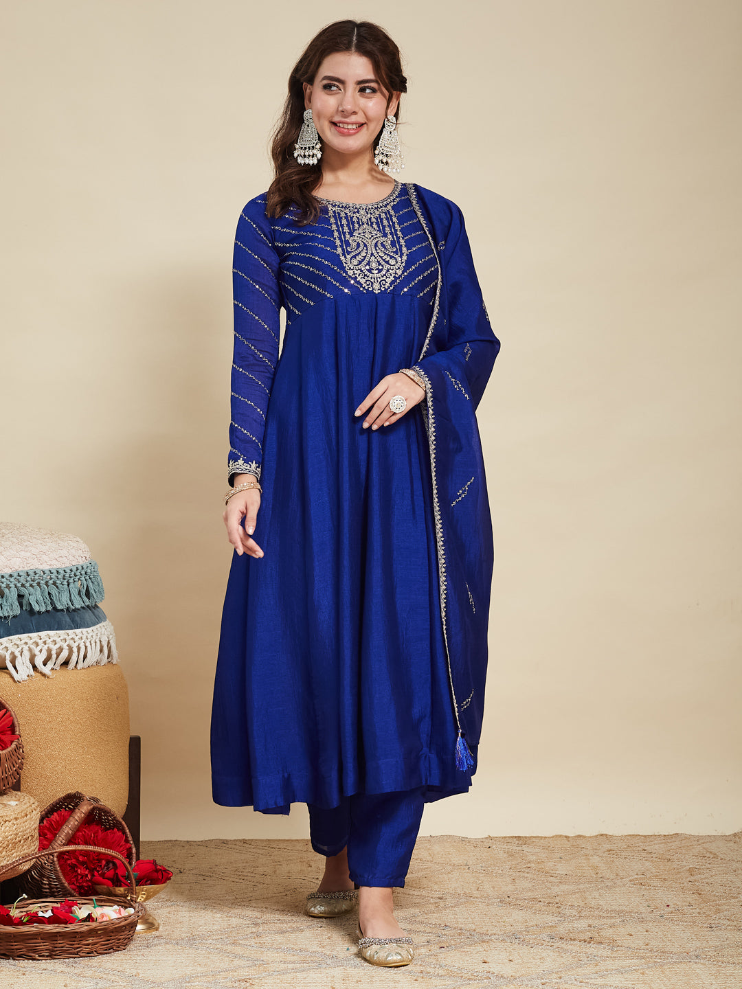 Royal Blue Embroidered Silk Anarkali Kurta With Dupatta Set
