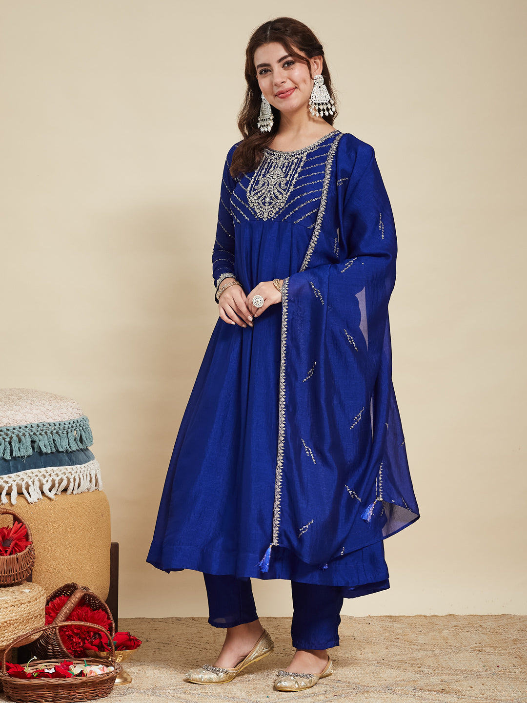 Royal Blue Embroidered Silk Anarkali Kurta With Dupatta Set