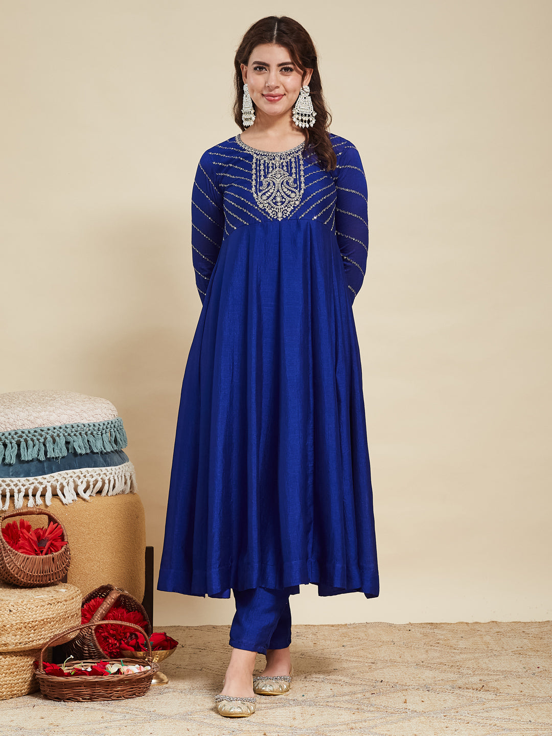 Royal Blue Embroidered Silk Anarkali Kurta With Dupatta Set