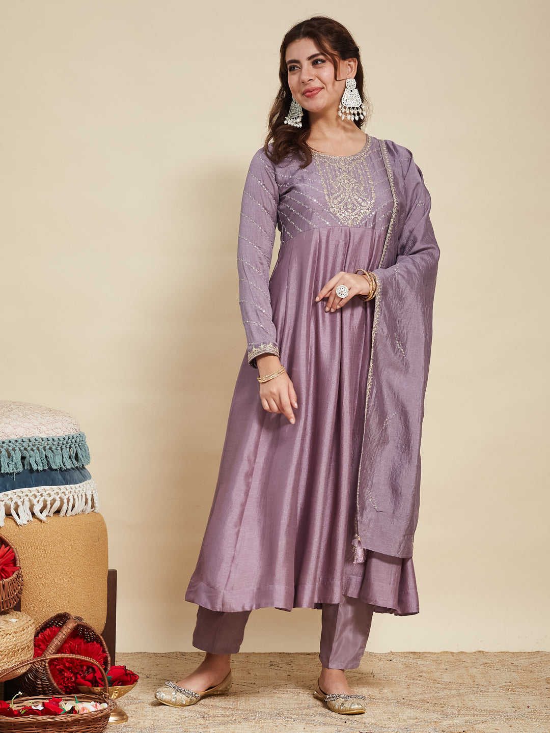 Dark Purple Embroidered Silk Anarkali Kurta With Dupatta Set