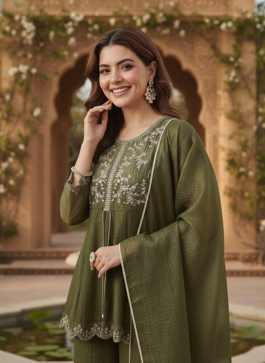 Green Silk Embroidered Top Sharara Set with Dupatta