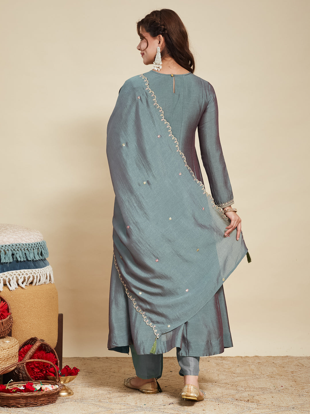 Olive Green Embroidered Silk Anarkali Kurta With Dupatta Set | back side