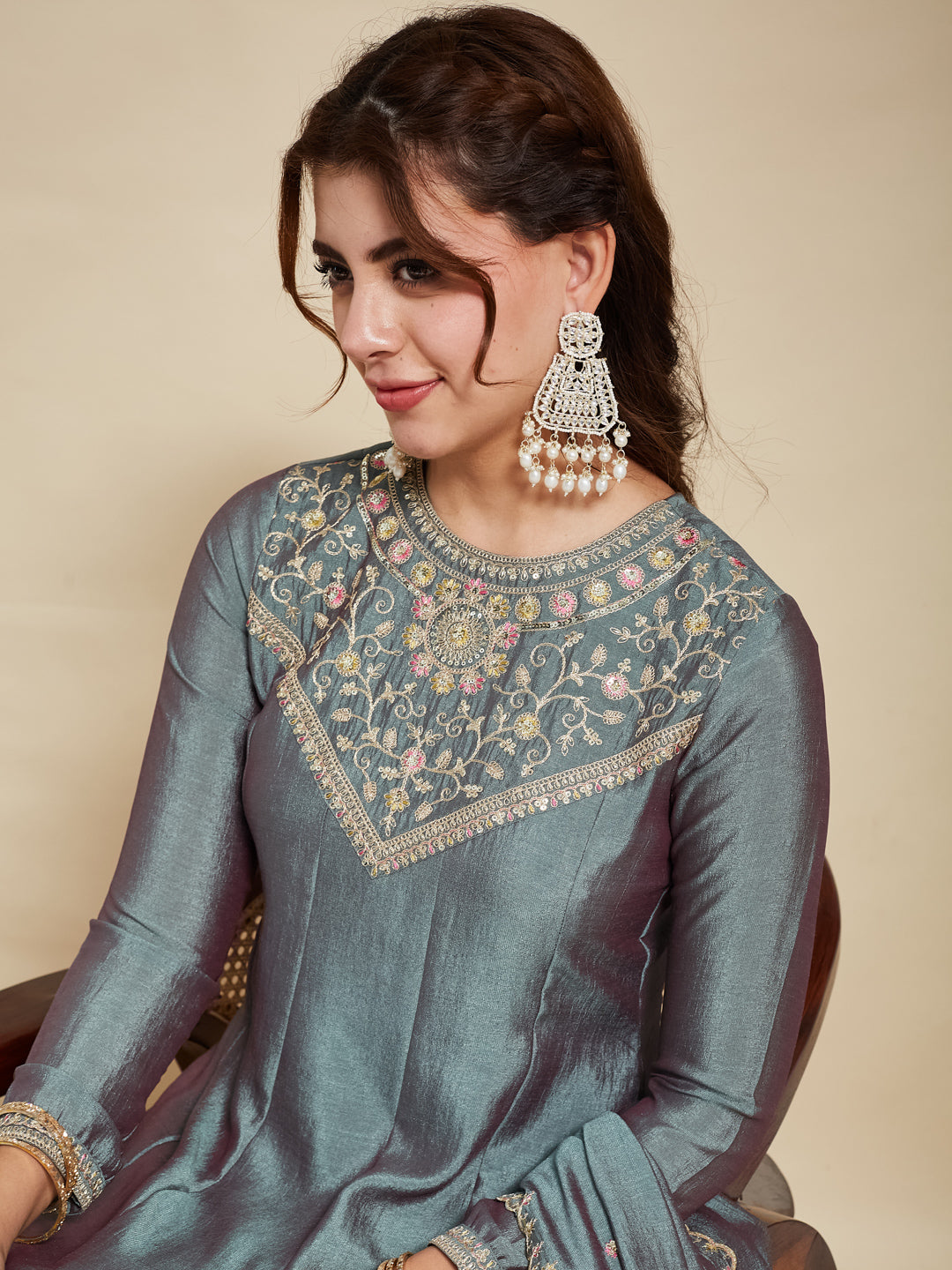 Olive Green Embroidered Silk Anarkali Kurta With Dupatta Set | half image