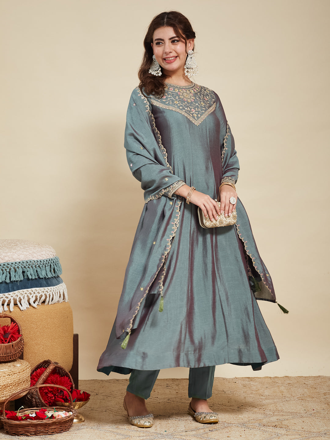 Olive Green Embroidered Silk Anarkali Kurta With Dupatta Set