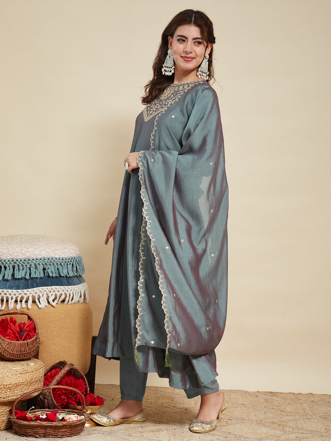 Olive Green Embroidered Silk Anarkali Kurta With Dupatta Set | right side dupatta