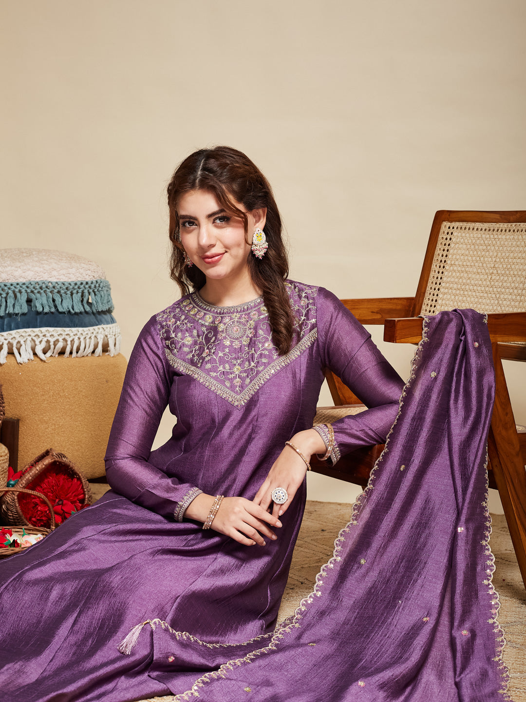 Dark Lavender Embroidered Silk Anarkali Kurta With Dupatta Set