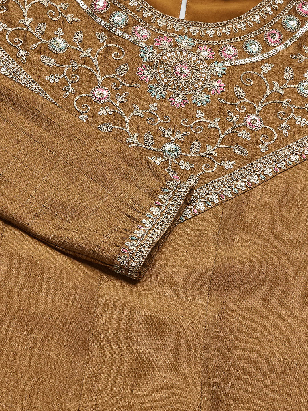 Golden Embroidered Silk Anarkali Kurta With Dupatta Set