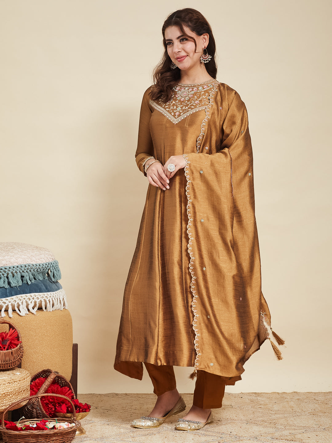 Golden Embroidered Silk Anarkali Kurta With Dupatta Set