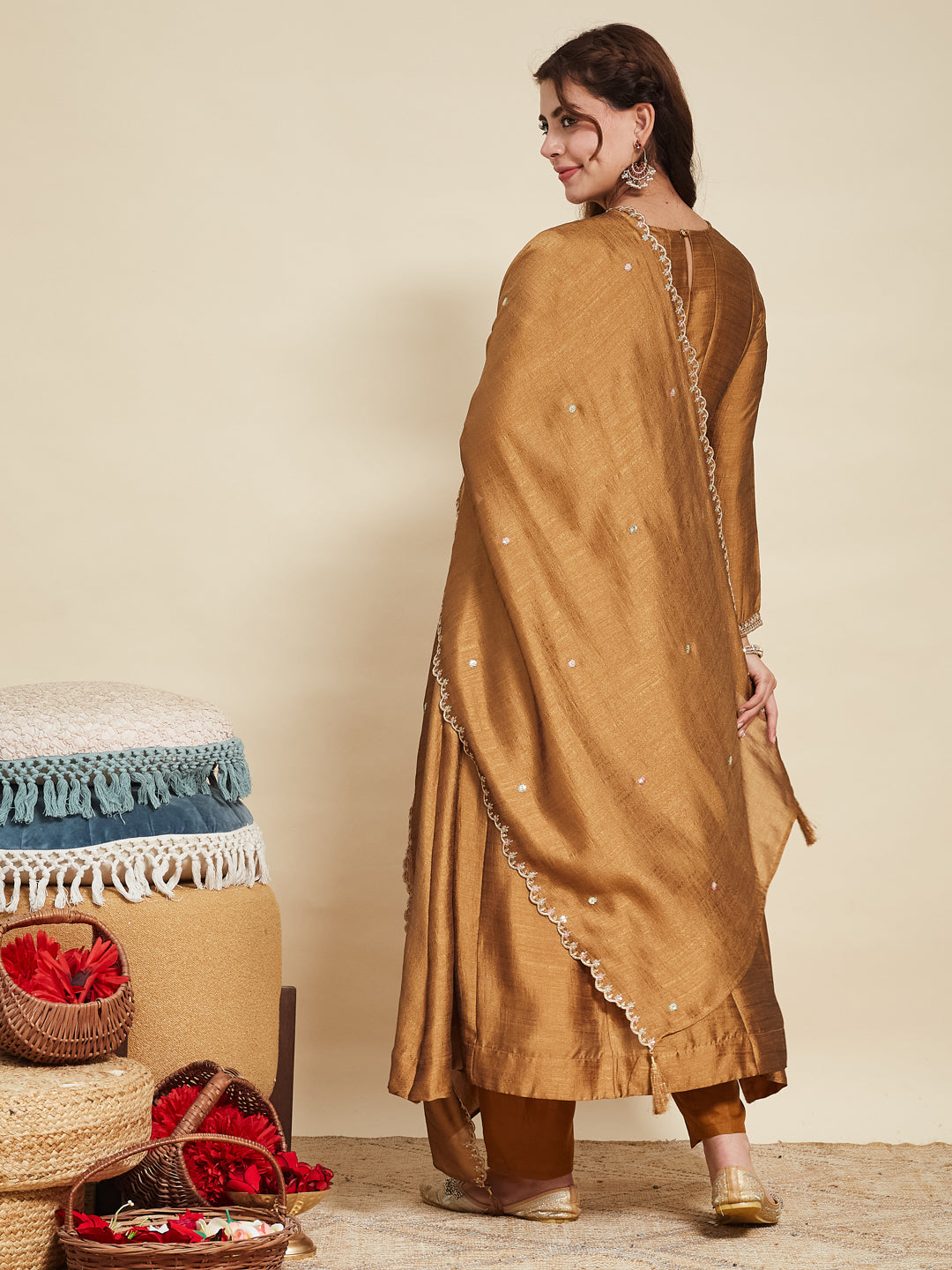 Golden Embroidered Silk Anarkali Kurta With Dupatta Set