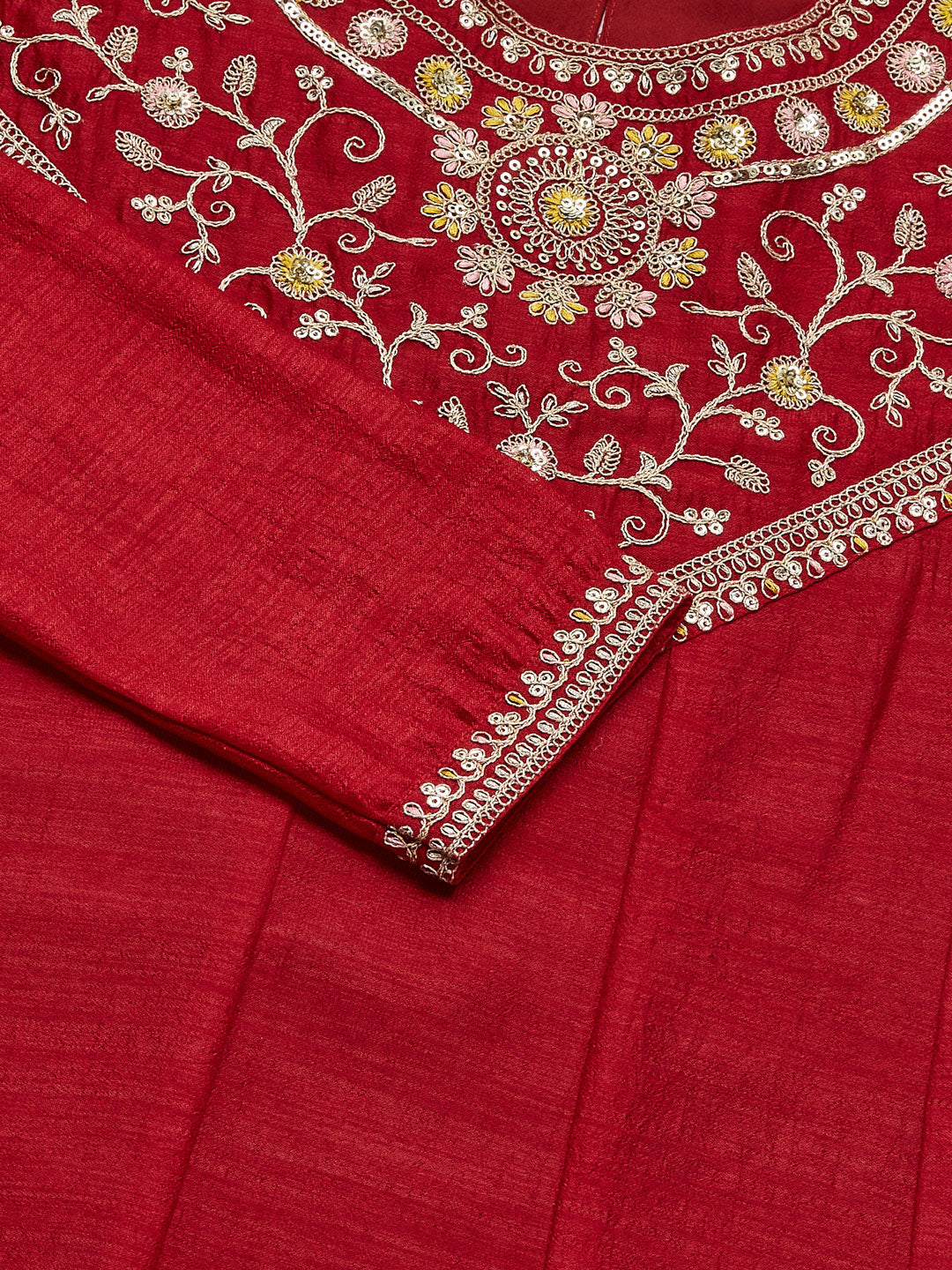 Red Embroidered Silk Anarkali Kurta With Dupatta Set