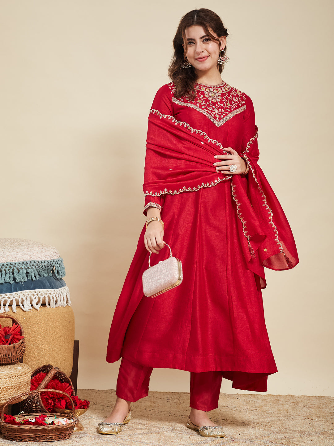 Red Embroidered Silk Anarkali Kurta With Dupatta Set