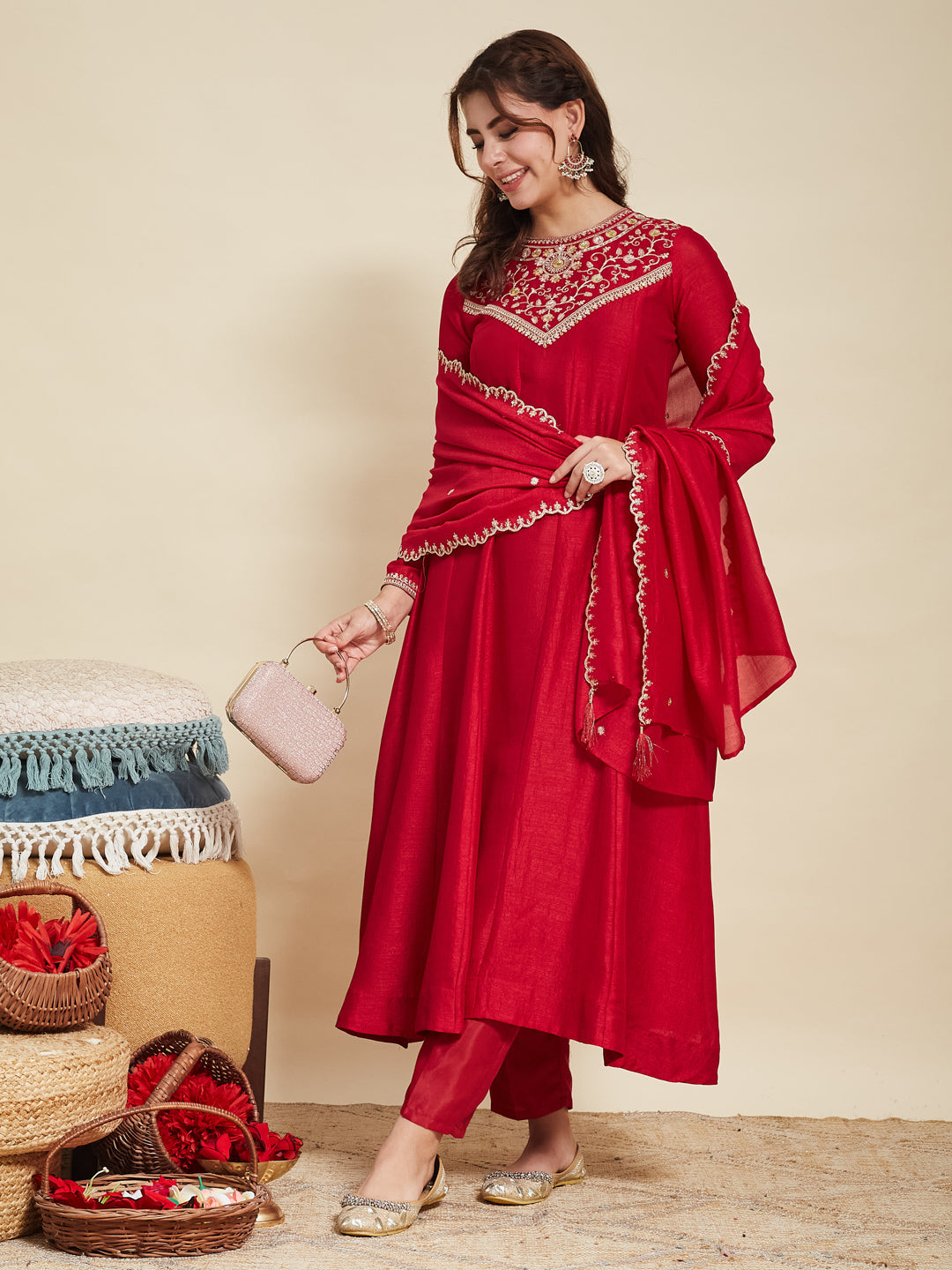 Red Embroidered Silk Anarkali Kurta With Dupatta Set