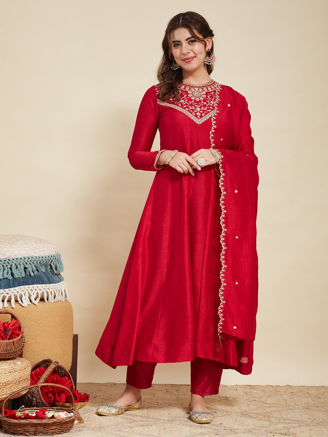 Red Embroidered Silk Anarkali Kurta With Dupatta Set