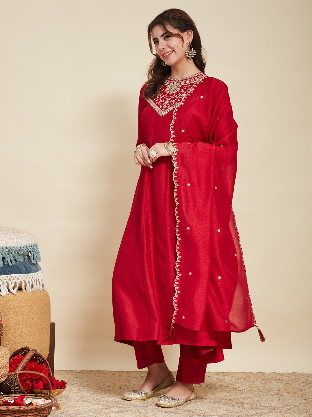 Red Embroidered Silk Anarkali Kurta With Dupatta Set