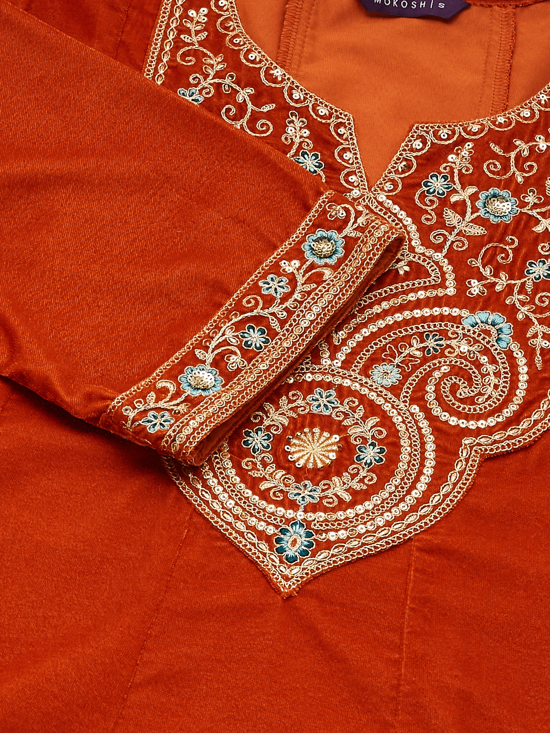 Orange Solid Velvet Anarkali Suit With Dupatta