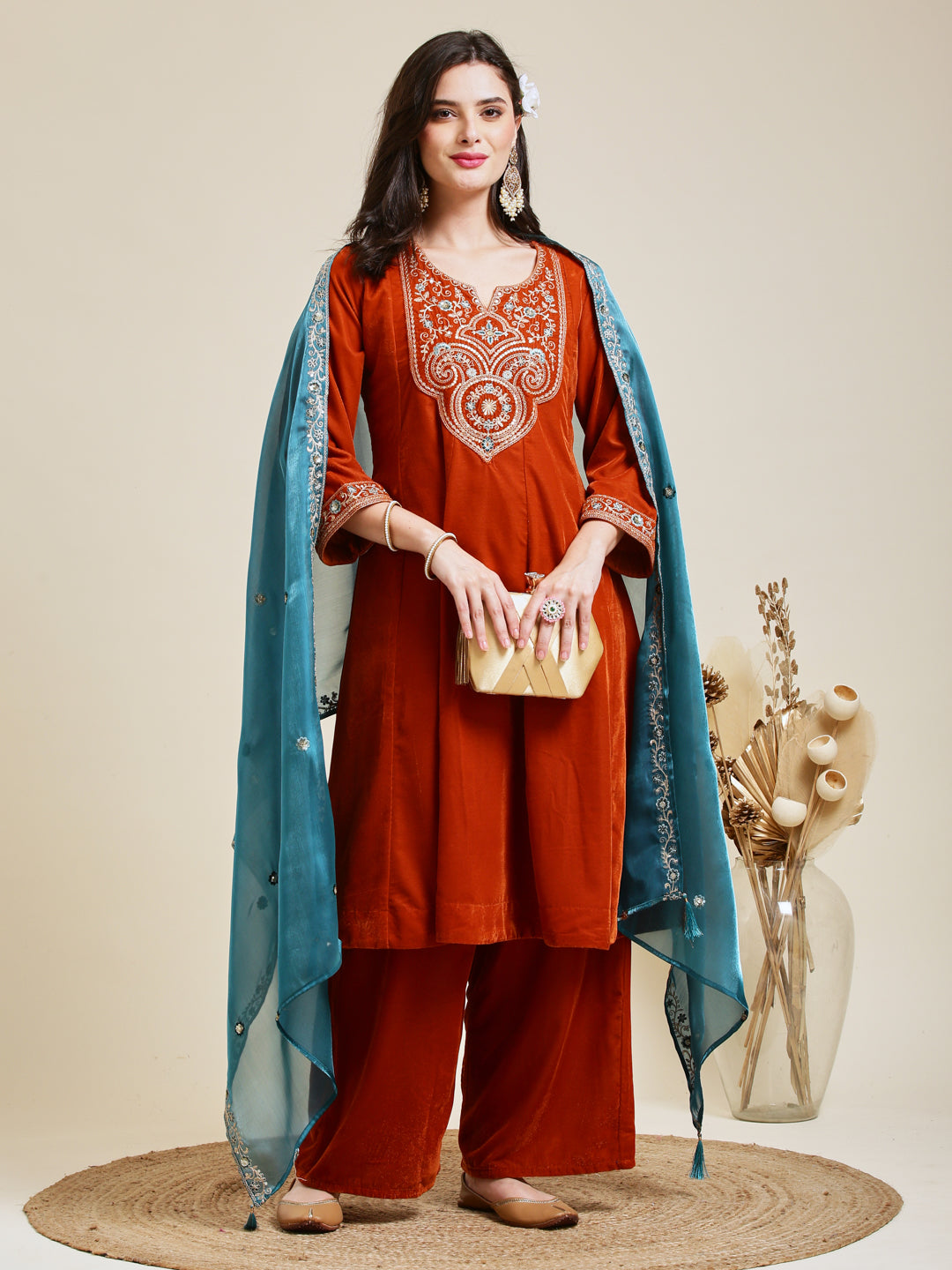 Orange Solid Velvet Anarkali Suit With Dupatta