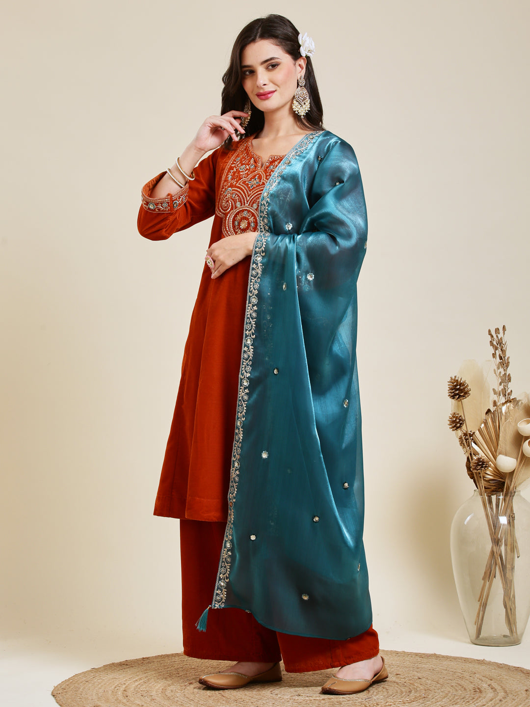 Orange Solid Velvet Anarkali Suit With Dupatta