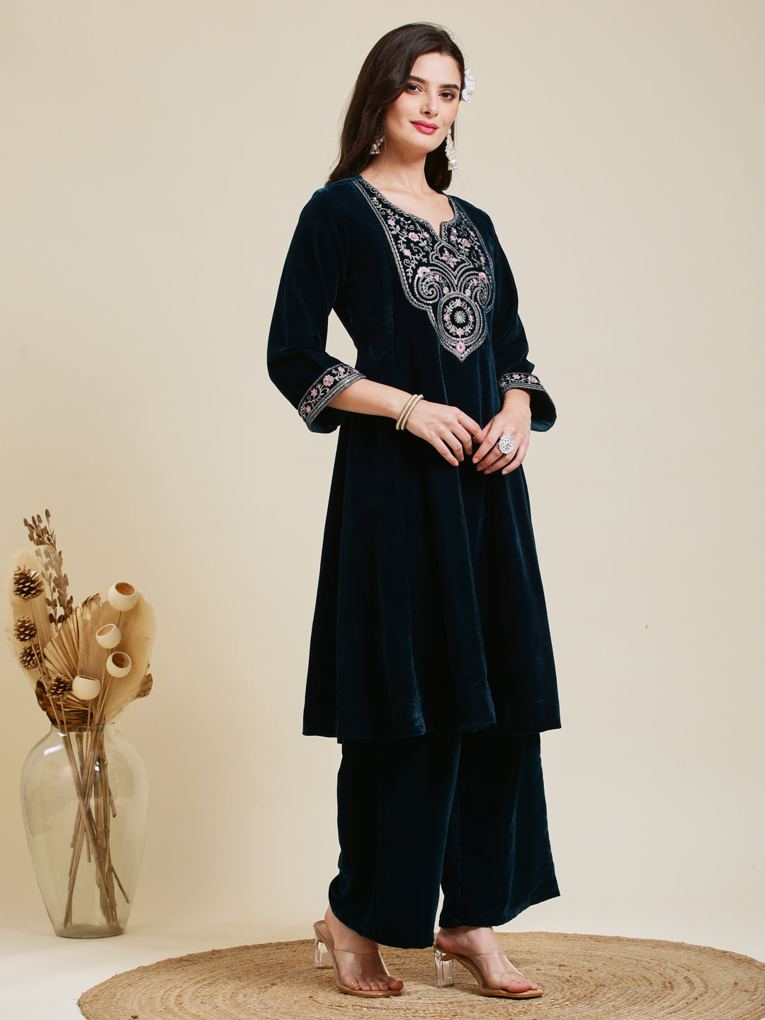 Teal Blue Solid Velvet Anarkali Suit With Dupatta