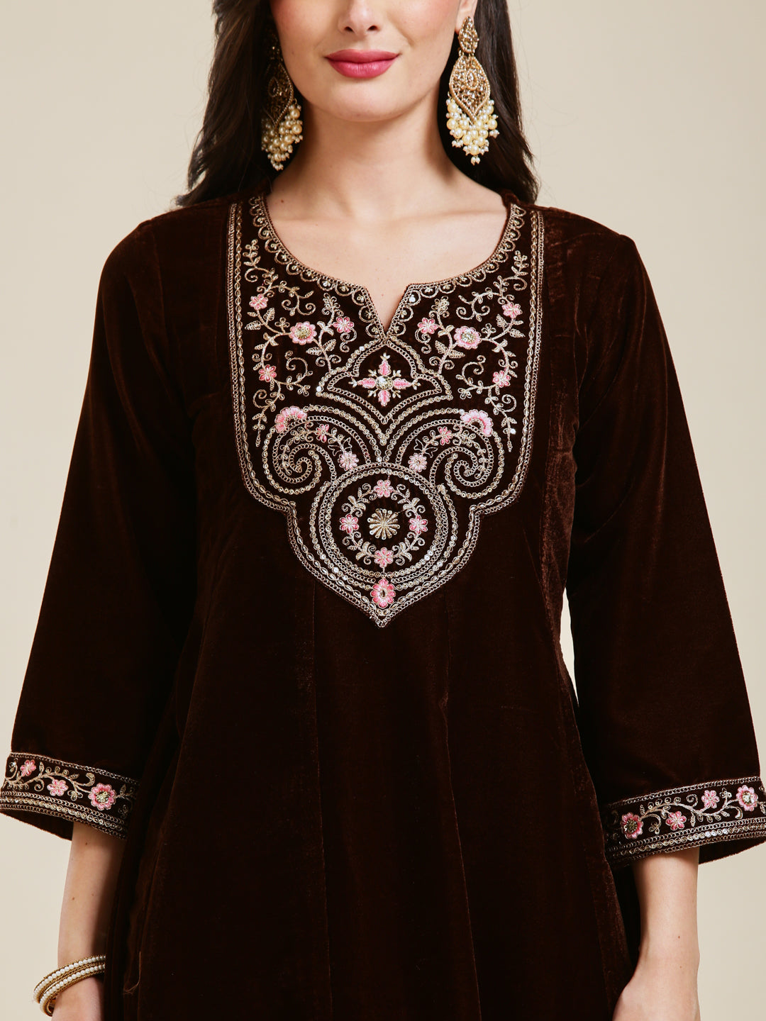 Coffee Solid Velvet Anarkali Suit With Dupatta