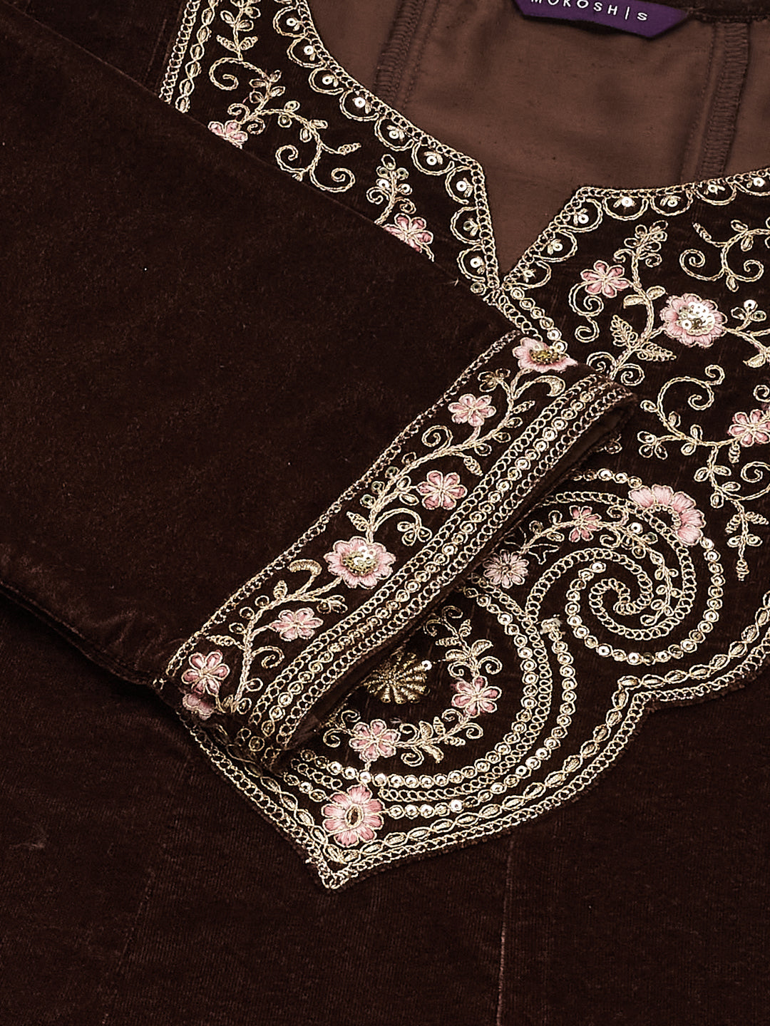 Coffee Solid Velvet Anarkali Suit With Dupatta