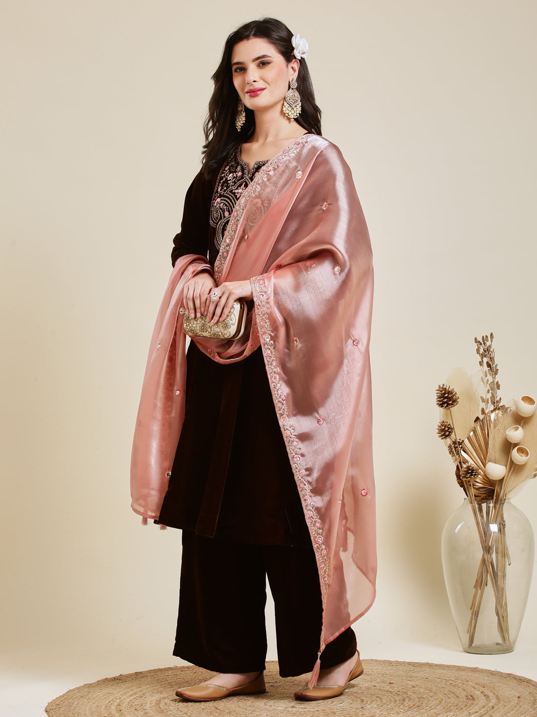 Coffee Solid Velvet Anarkali Suit With Dupatta