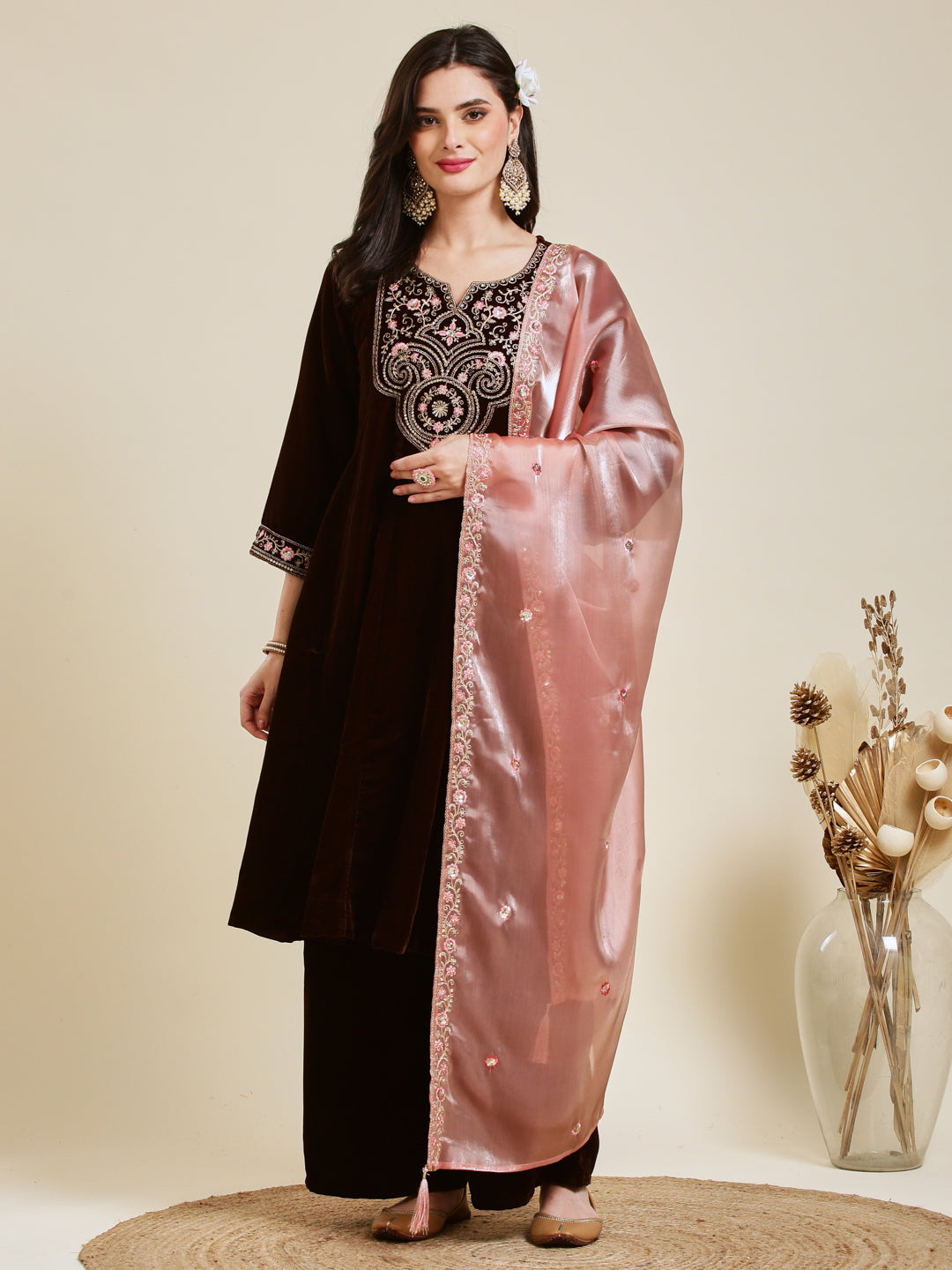 Coffee Solid Velvet Anarkali Suit With Dupatta