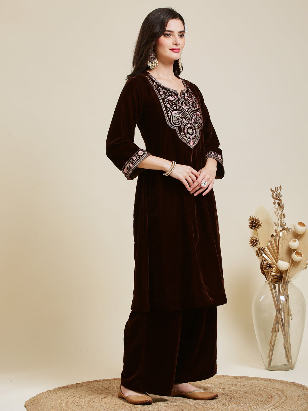 Coffee Solid Velvet Anarkali Suit With Dupatta