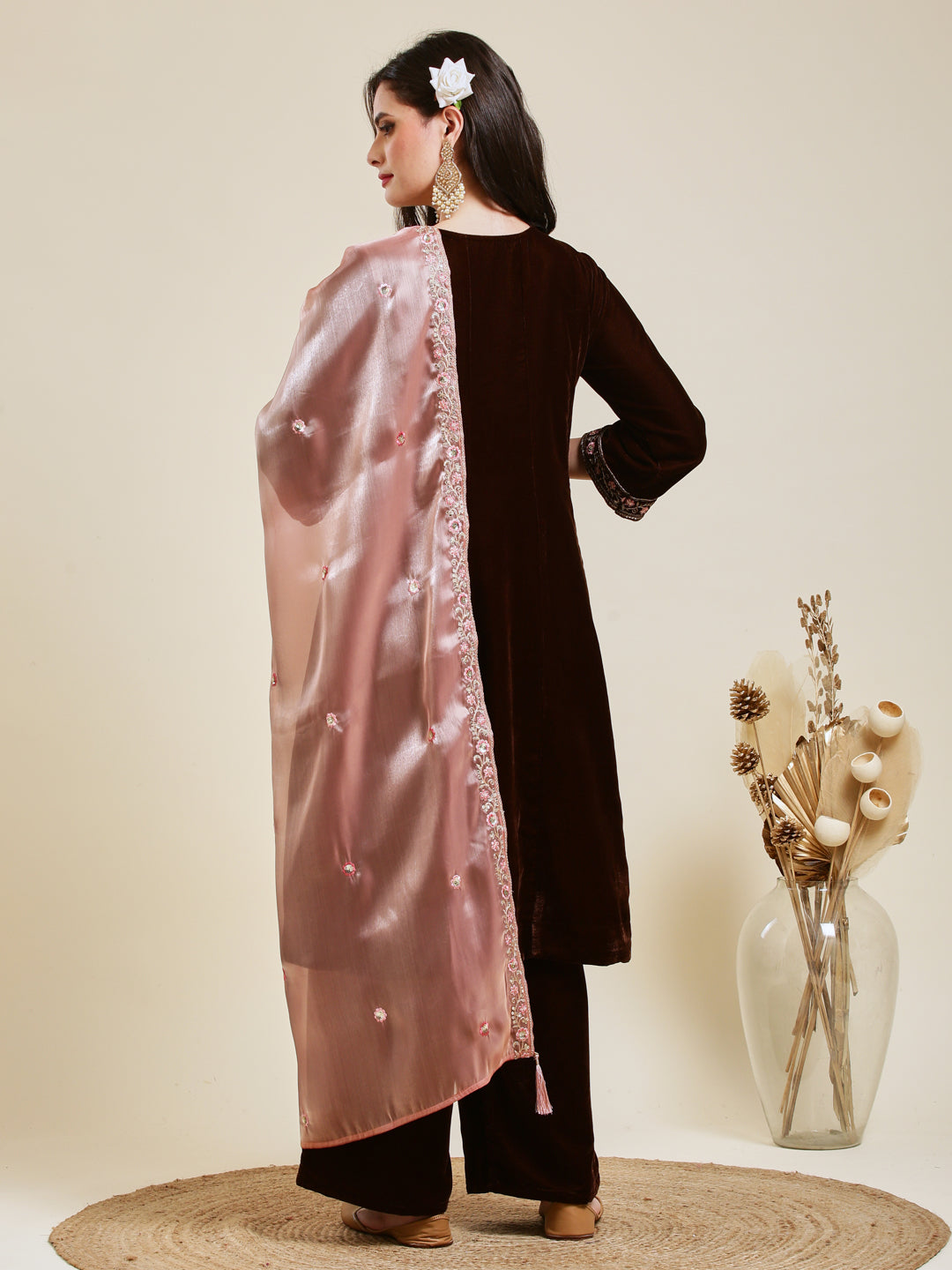 Coffee Solid Velvet Anarkali Suit With Dupatta