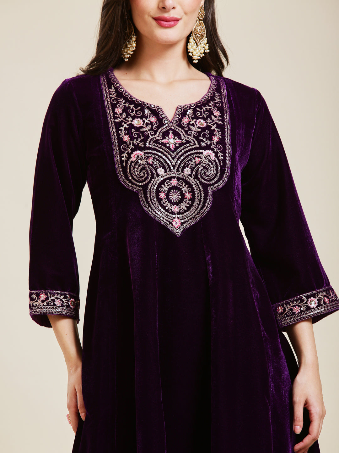 Violet Solid Velvet Anarkali Suit With Dupatta