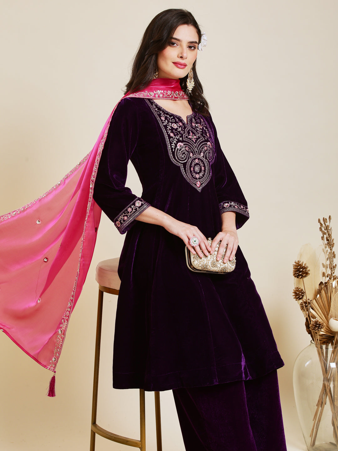 Violet Solid Velvet Anarkali Suit With Dupatta
